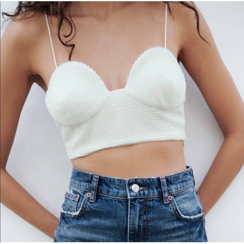 Zara White Beaded Bustier Crop Top Spaghetti Strap Sweetheart Neck Small